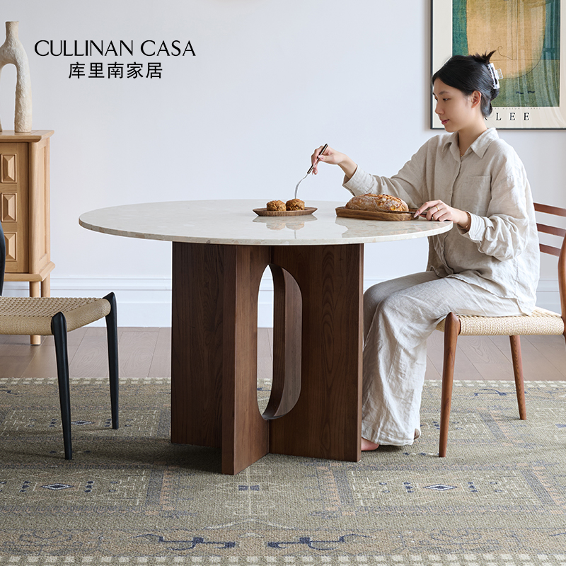 库里南家居纳菲餐桌中古风圆餐桌白蜡木实木小户型复古水磨石餐桌