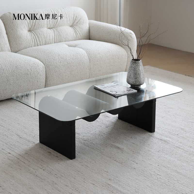 库里南家居波浪茶几意式极简白蜡木钢化玻璃茶几家用客厅现代简约