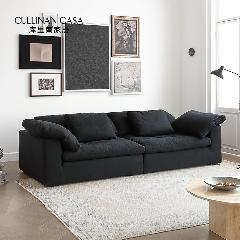 库里南家居云沙发家用侘寂风复古黑亚麻布艺现代简约客厅直排沙发