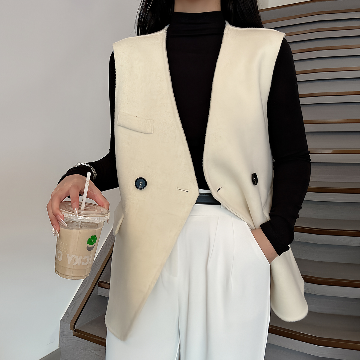 韩版西装马甲女中长款纯羊毛背心马甲时尚新款开衫女纯色外搭