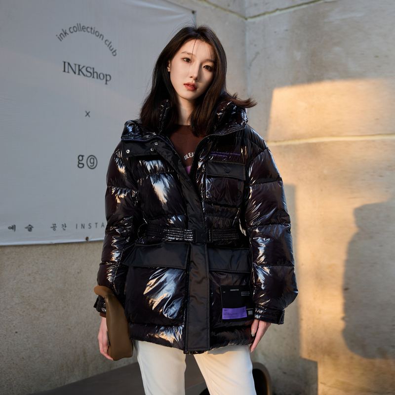 【保暖羽绒服】U/TI 工装亮黑时尚宽松冬季纯色街头百搭中长款连帽