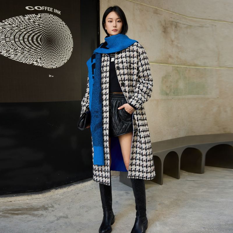U/TI黑白千鸟格粗花呢长款外套春秋冬新款时尚通勤百搭气质大衣