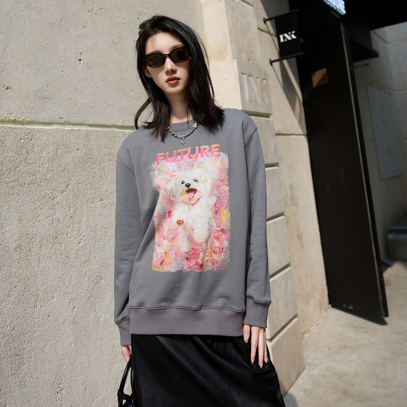 U/TI石墨灰狗狗油画萌趣图案百搭休闲加绒保暖圆领套头长袖卫衣