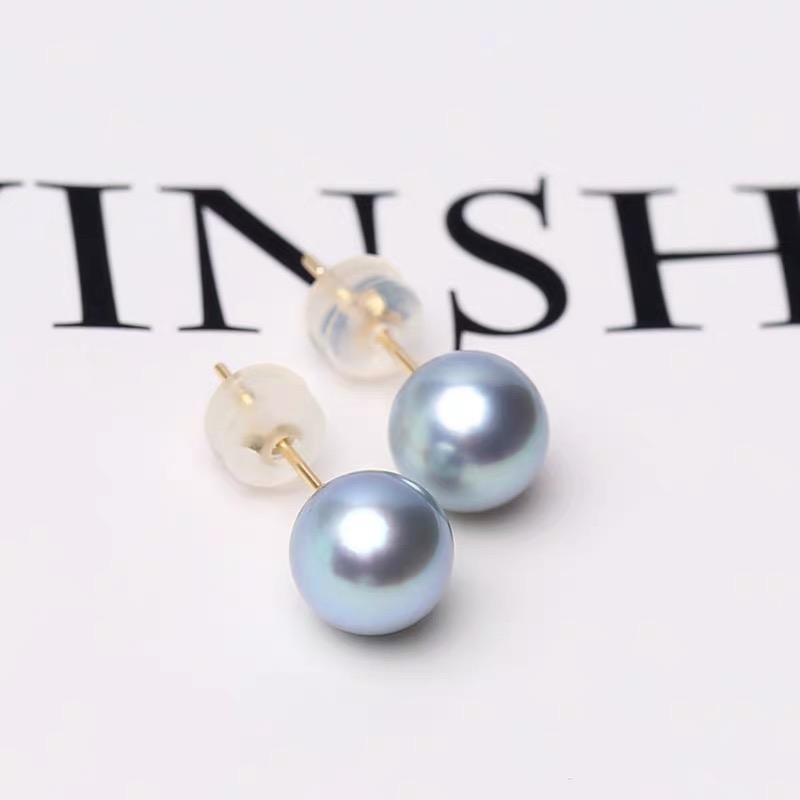 【寒屿珠宝】海水珍珠真多麻耳钉/8-9mm/18k/气质蓝色时尚