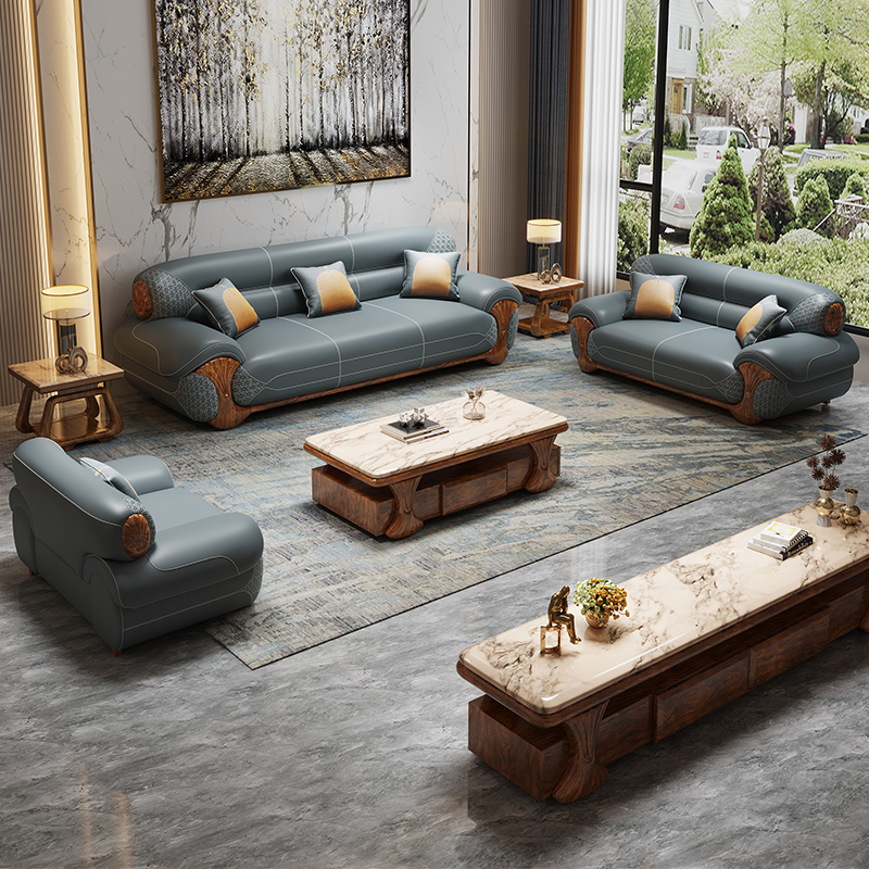 其迈森新中式乌金木头层牛皮1234沙发别墅客厅办公适用贝壳款式