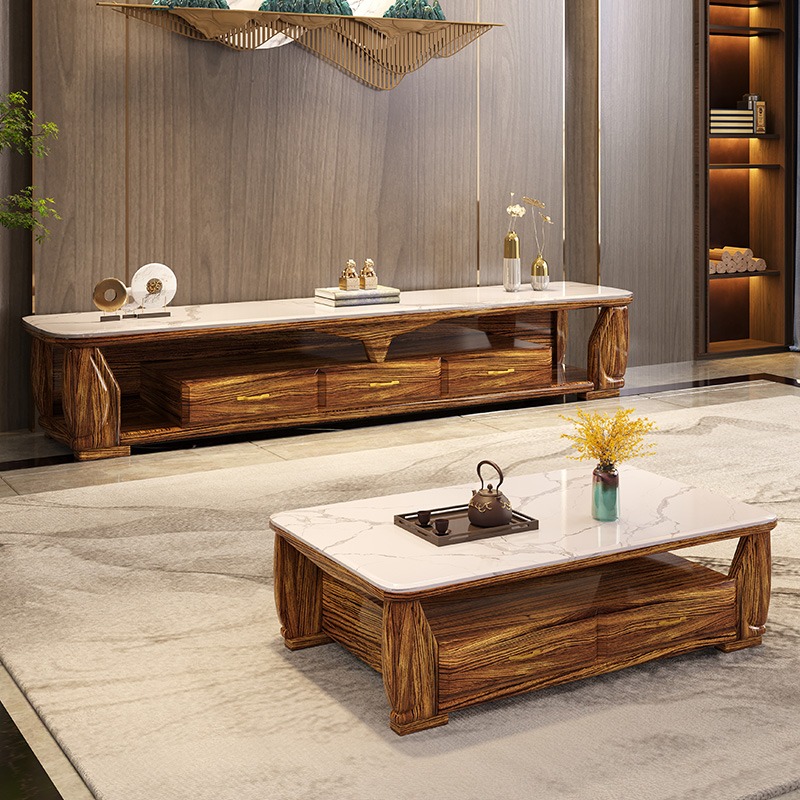 其迈森新中式乌金木茶几电视柜套装高端现代轻奢客厅大理石面地柜