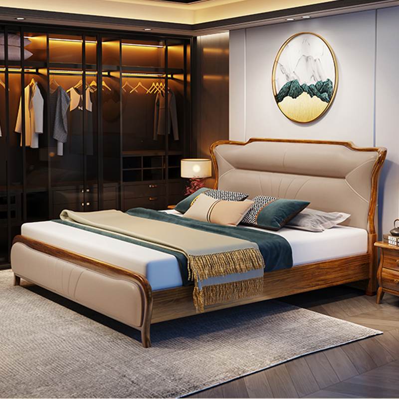 其迈森乌金木实木真皮1.8米卧室双人床简约现代中式主卧奢华家具