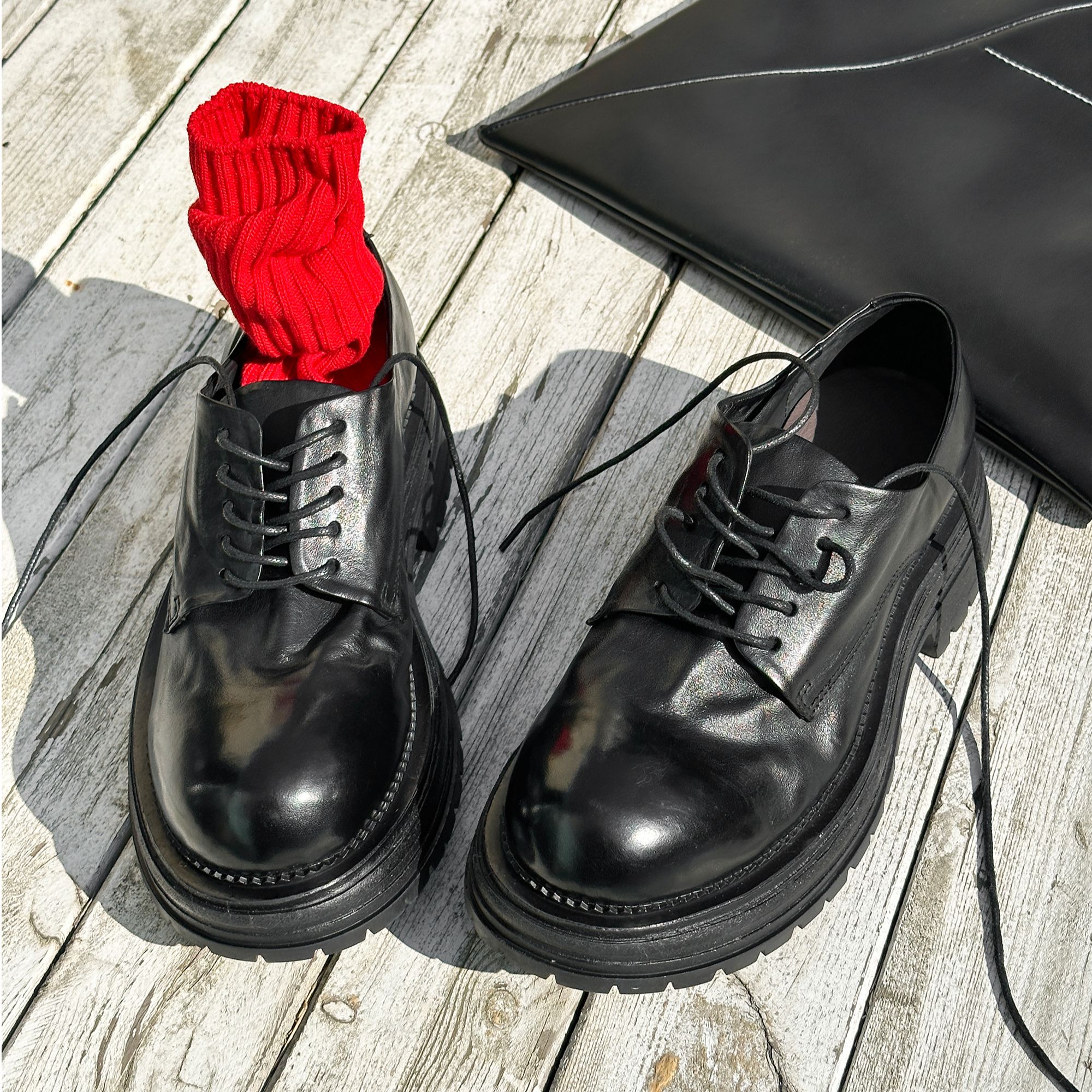 【P】“水洗作旧马皮”厚底系带增高小皮鞋德比单鞋 YL253610-1 