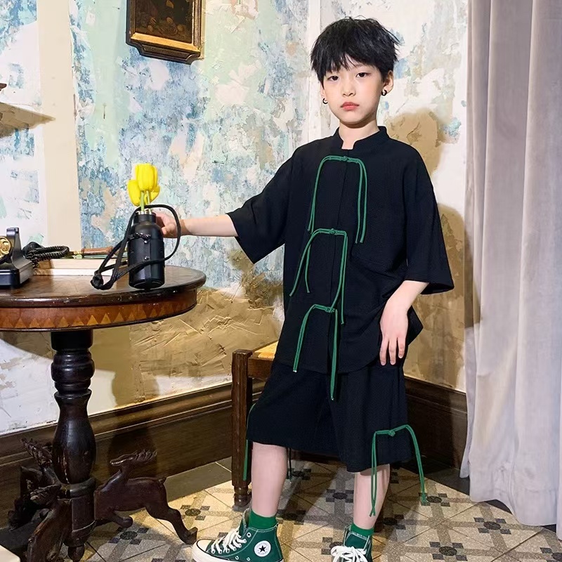（LAOHE）TZ-7024 儿童女童男童时尚休闲夏季复古中大童中国风套装
