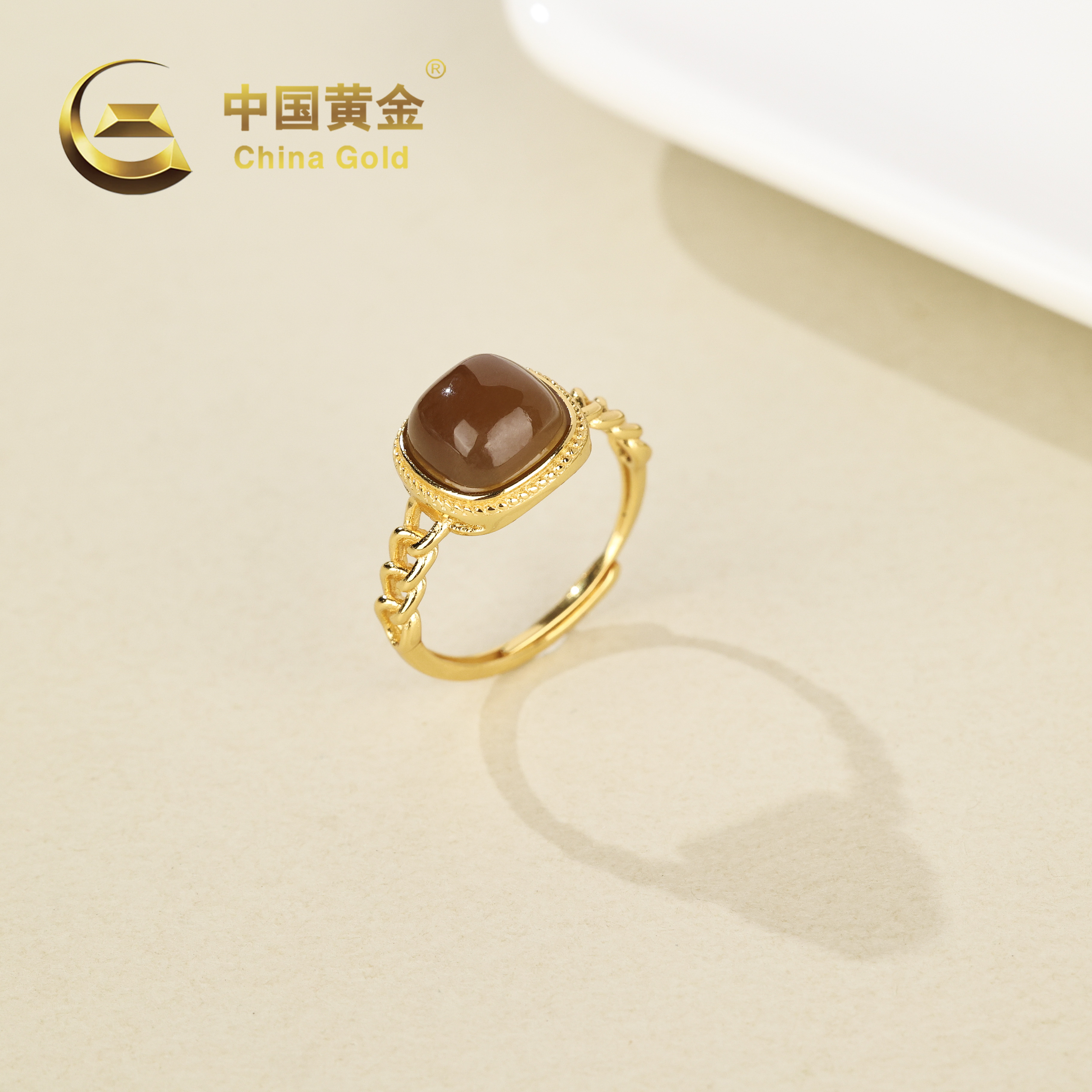 【中国黄金】S925银和田玉糖料蛋面戒指-J742-【柚】