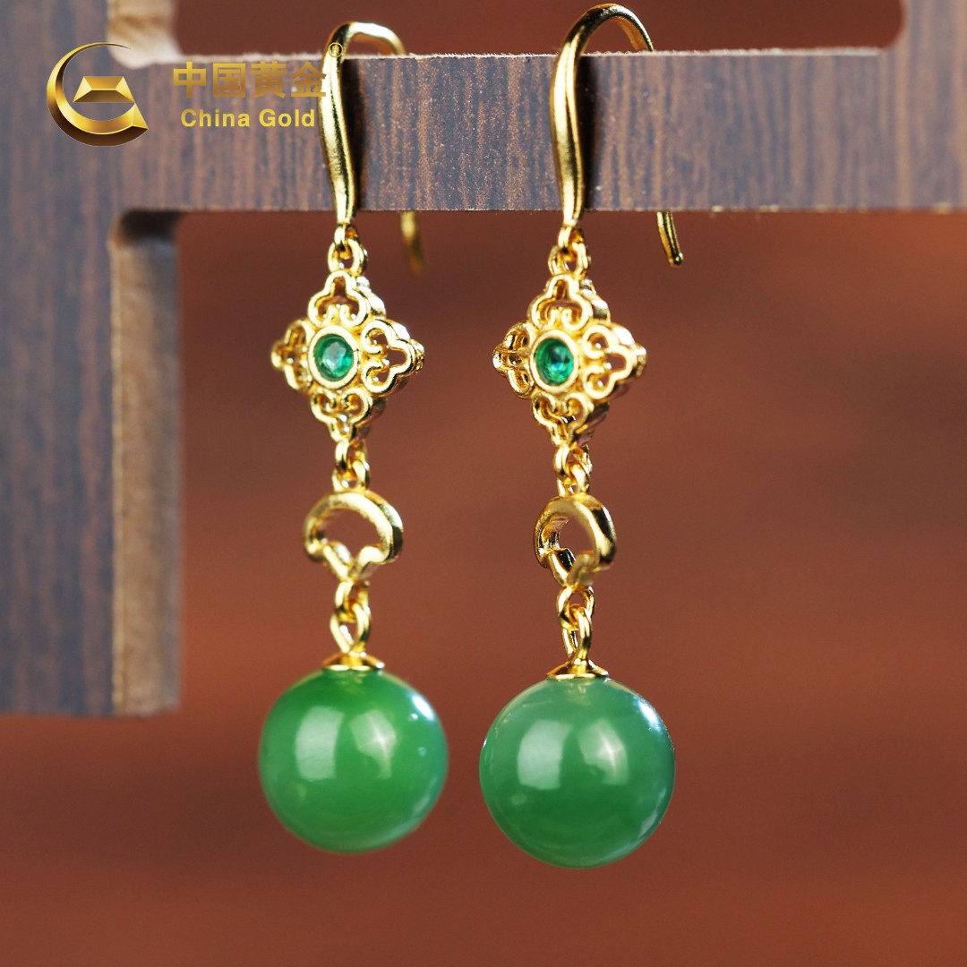 【中国黄金】S925银镶嵌和田玉碧玉珠珠耳饰-R407（漫）