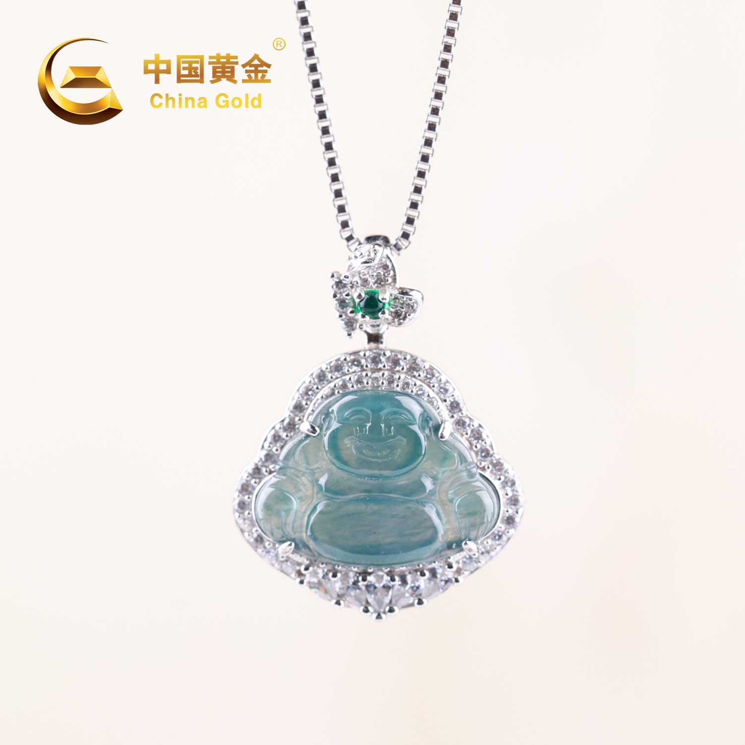 【中国黄金】天然翡翠A货蓝水佛公吊坠冰透精致轻奢百搭玉坠玉项链