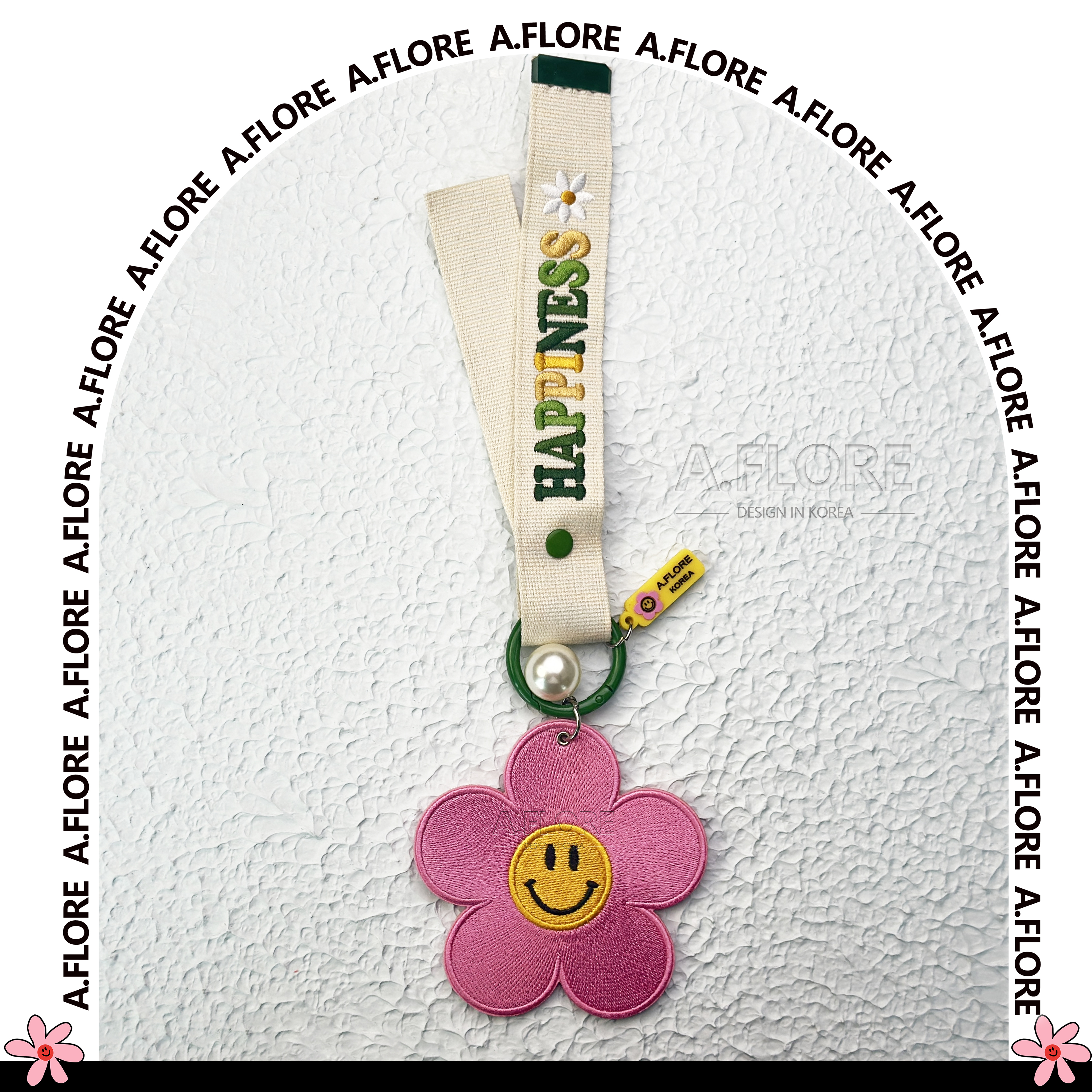 A.FLORE韩国原创手工可爱包包挂件挂饰粉色花朵珍珠白色字母绑带