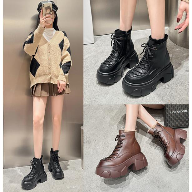 【红姐】厚底高跟9CM加绒英伦马丁靴女小个子厚底系带短靴0806-30