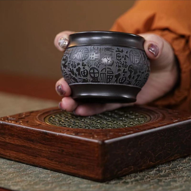 宜兴原矿紫砂高温石黄通刻百福主人杯