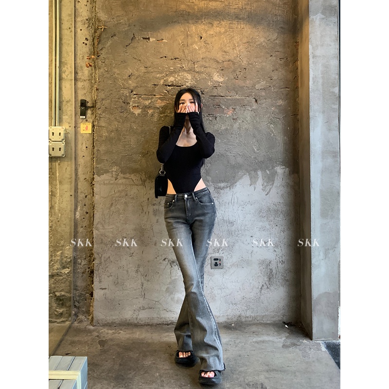 Skk Store出格漫画腿 辣妹显瘦修身微喇百搭旧灰色牛仔裤女春秋