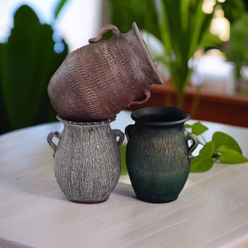 复古做旧手工粗陶双耳花盆水培插画土培老桩创意花瓶