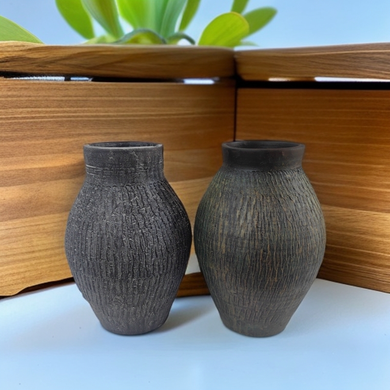 复古手工制作树皮纹收口花瓶水培插画土培花盆