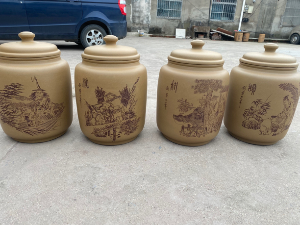 宜兴大号黄龙山手工紫砂茶叶罐家用名人刻绘茶仓存茶罐大号存米