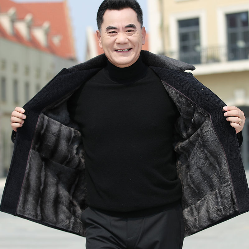 中老年男装爸爸外套雪尼尔加绒加厚翻领纽扣保暖大衣男冬装毛呢衣