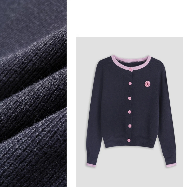 【紫藤花雨】手工钩花拼色圆领2024年秋冬新款气质显瘦毛织小开衫-3