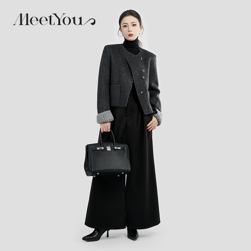 MY小个子2024新款女装秋冬短款毛呢外套女双面羊绒呢时尚小香风