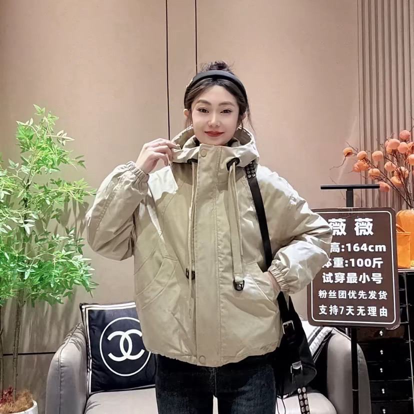 短款薄棉连帽飘带风衣外套