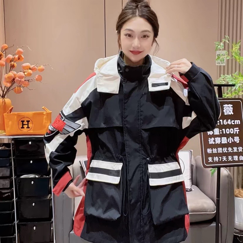 中长款薄棉连帽休闲风抽腰风衣外套