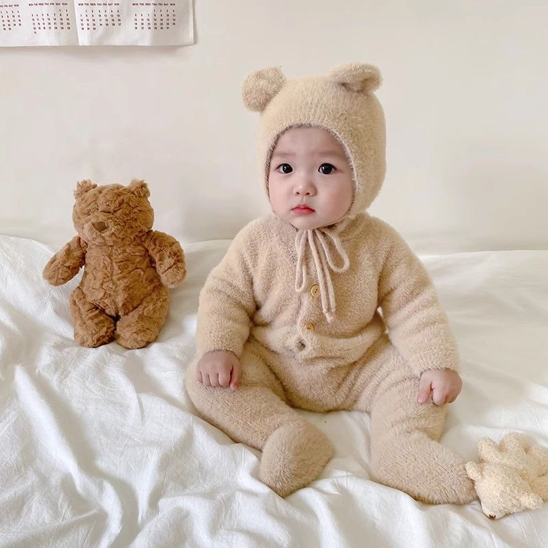 爆款ins婴儿春秋装男女宝宝超萌水貂毛爬服可爱小熊包脚连体哈衣