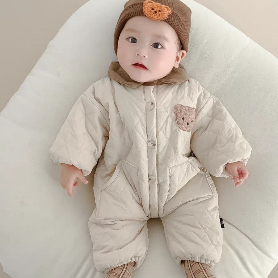 婴儿小熊夹连体衣服秋冬款款装百天宝宝超萌潮流外出加绒加厚