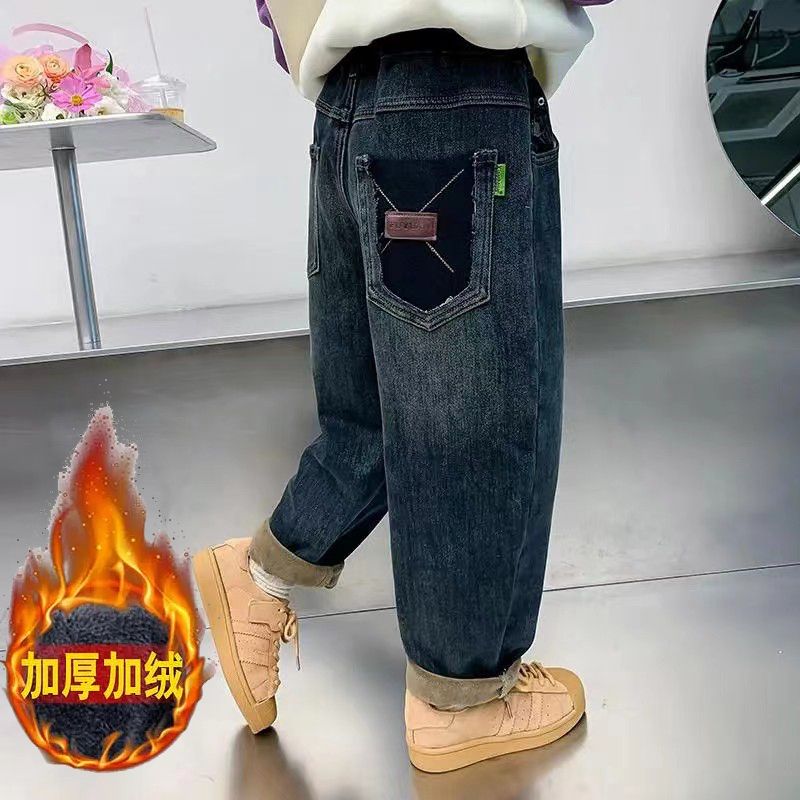 女童加绒裤子冬装2023新款儿童秋冬款牛仔裤小女孩松紧加厚休闲裤