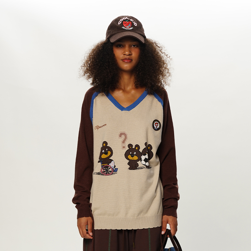 TIPSEVEN 原创设计夏日运动奥林劈叉系列三只小熊玩球插肩针织衫