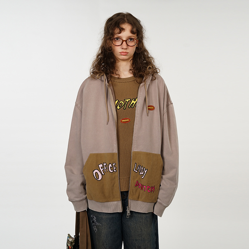 TIPSEVEN原创设计office lady系列美式复古做旧拼色字母拉链卫衣