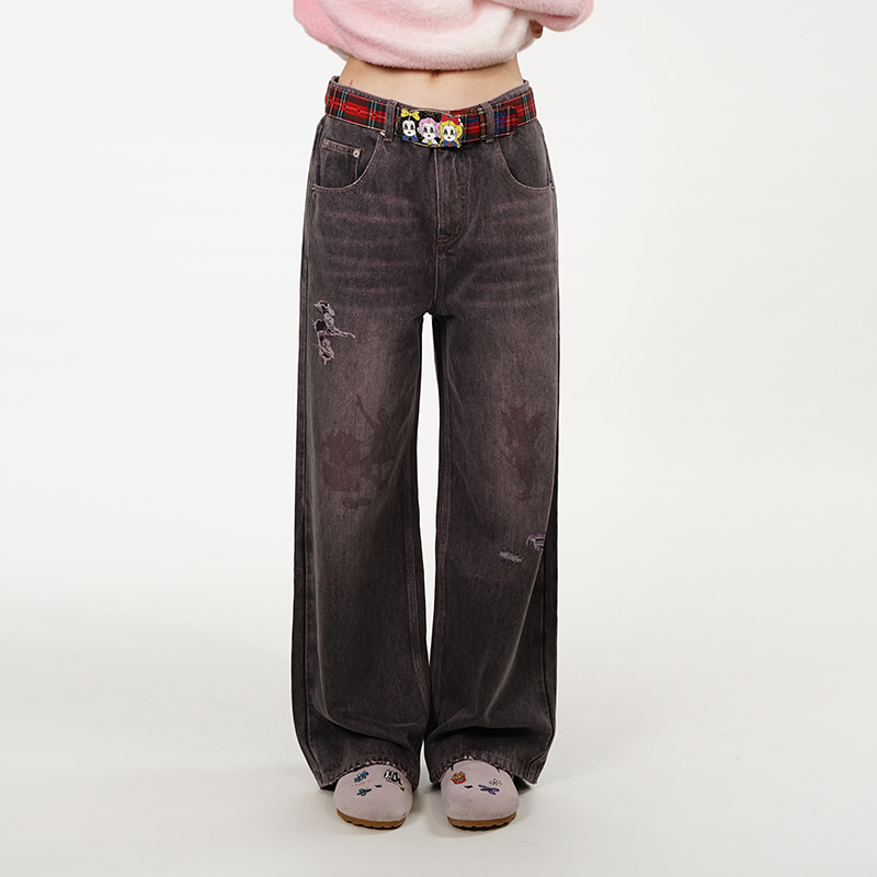 TIPSEVEN原创设计office lady系列做旧印花直筒破洞牛仔裤秋新款