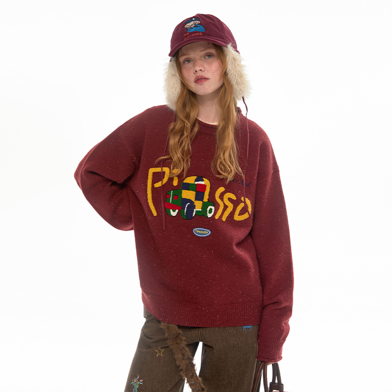 TIPSEVEN 原创设计节日氛围感可爱雪花字母毛巾绣花织圆领毛衣新