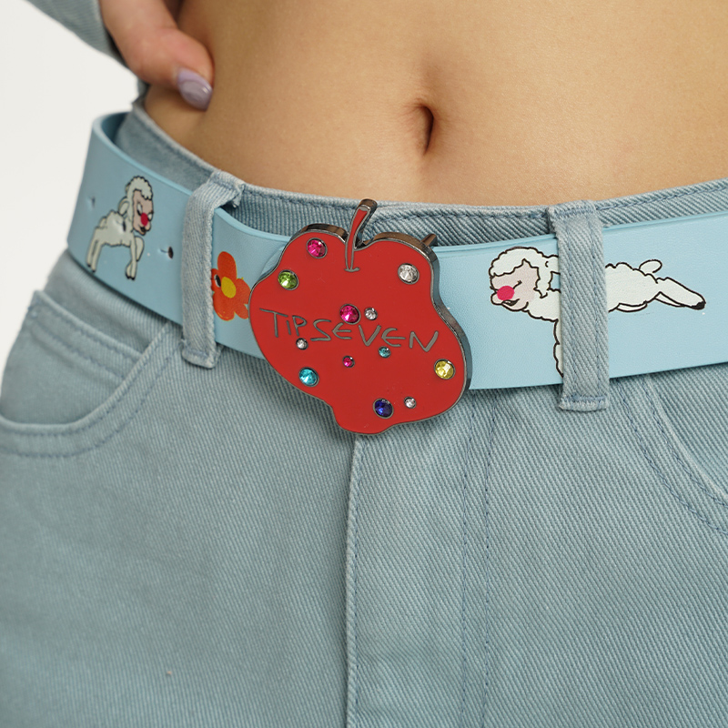 TIPSEVEN 原创设计超可爱手绘创意搭配卡通钻钻苹果扣真皮腰带春