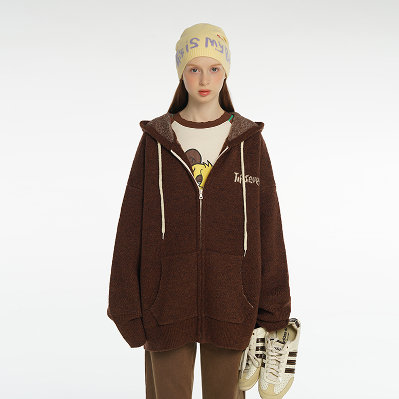 TIPSEVEN 原创设计学院风连帽提花毛衣开衫复古休闲百搭学院秋冬