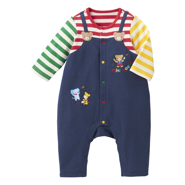 MIKIHOUSE2023新款男宝女宝彩条假背带音乐派对连体衣