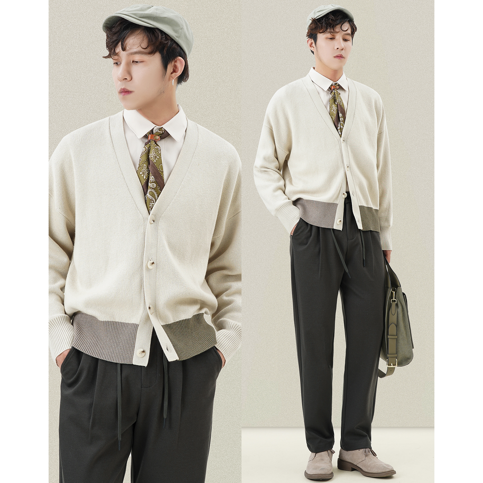 丝光羊毛针织男士开衫V领秋冬季薄款长袖拼接日系休闲毛衣男外套