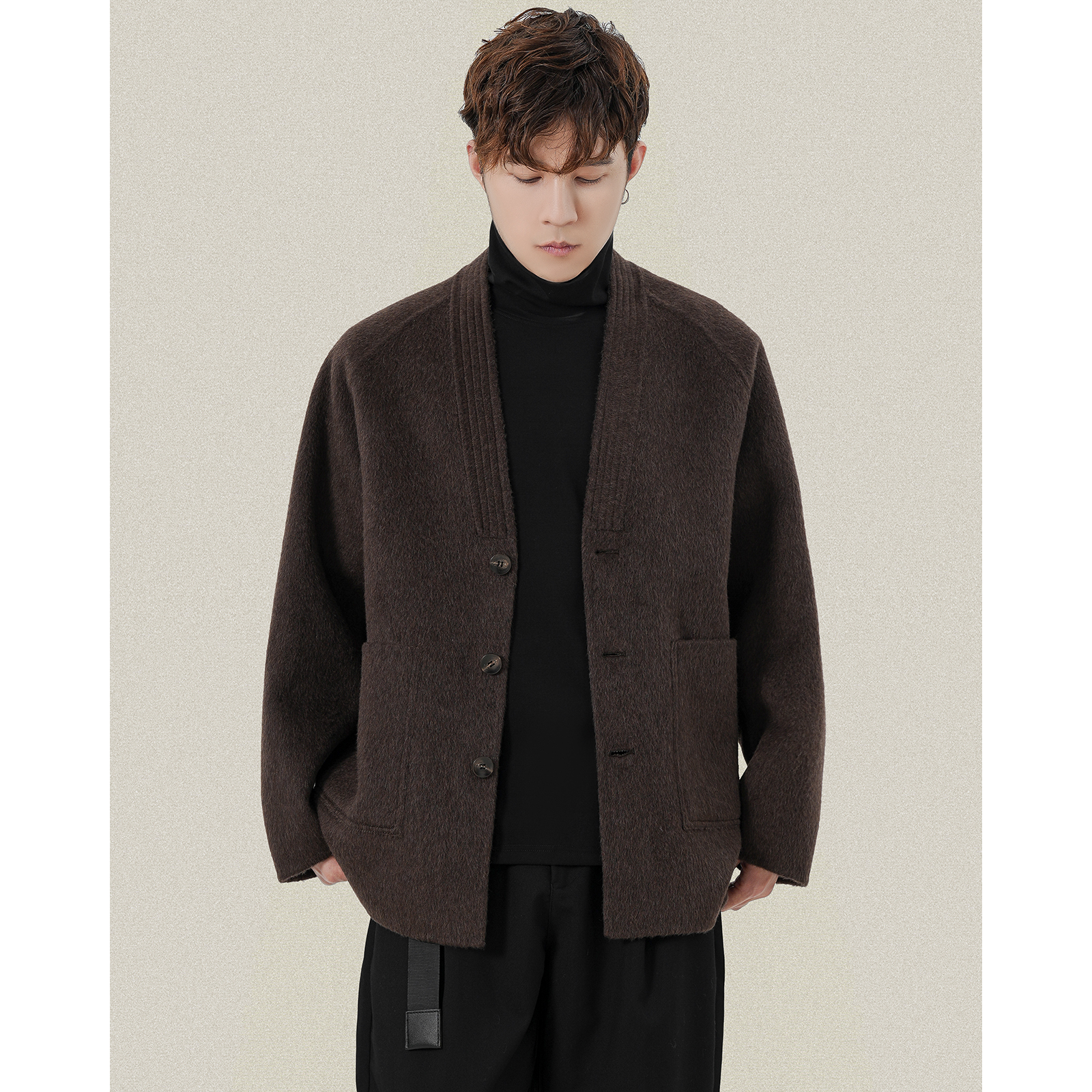 绵羊毛双面呢中国风道袍夹克外套男士冬季呢子休闲短款大衣外套