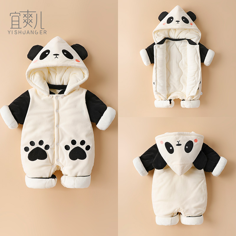新生婴儿衣服秋冬装连体衣满月宝宝加厚哈衣棉衣外出套装抱衣加绒
