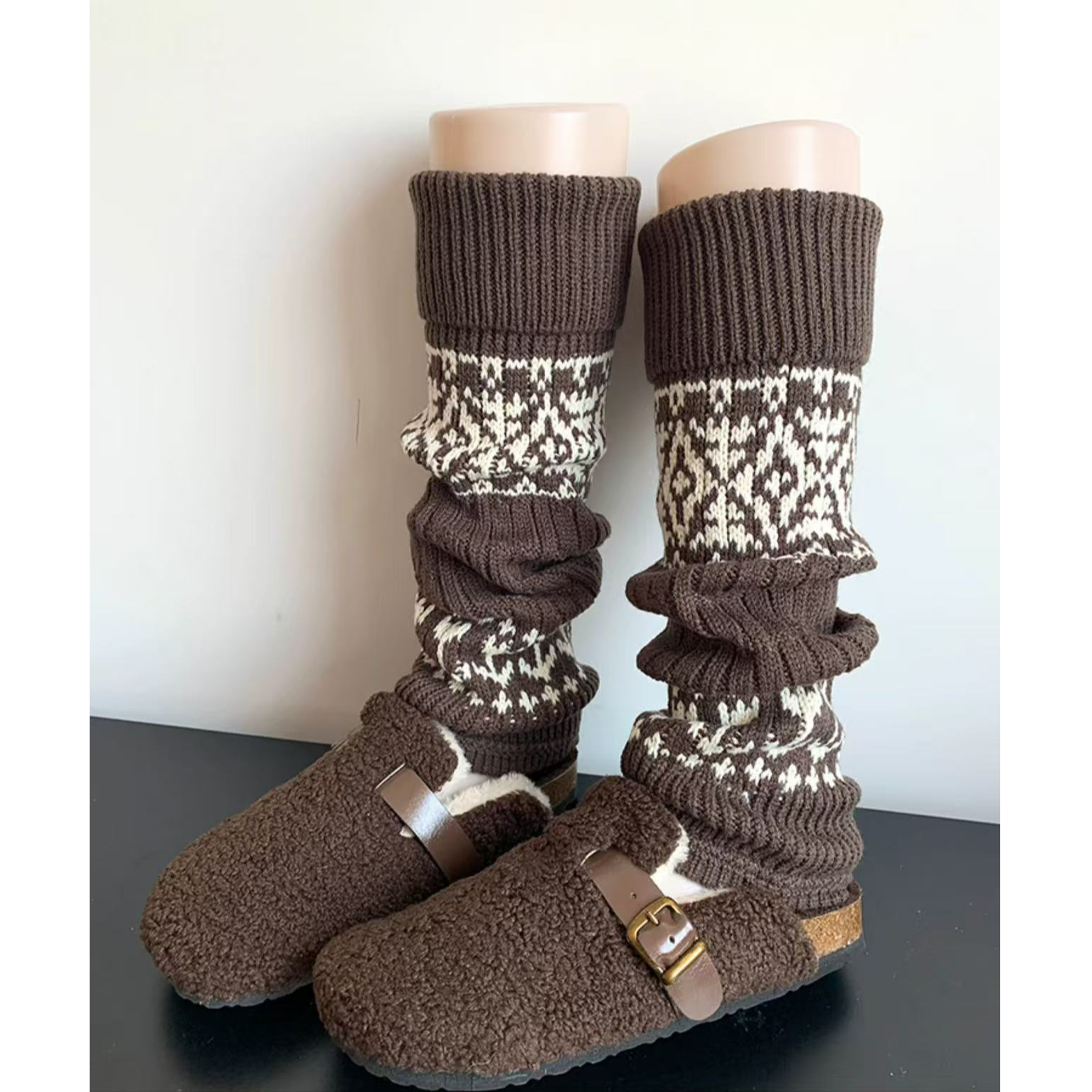 苏廷曦同款羊毛保暖袜套针织堆堆日系中筒袜女咖色小腿袜雪地靴套