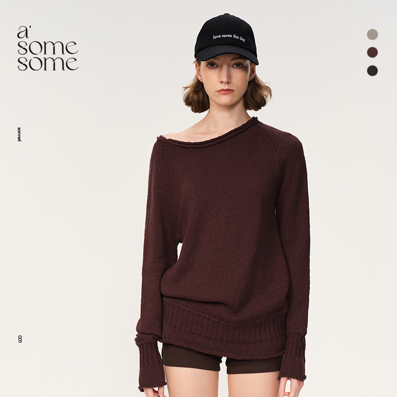 asomesome美式通勤一字肩斜肩上衣粗针宽松毛衣女秋冬新长袖上衣
