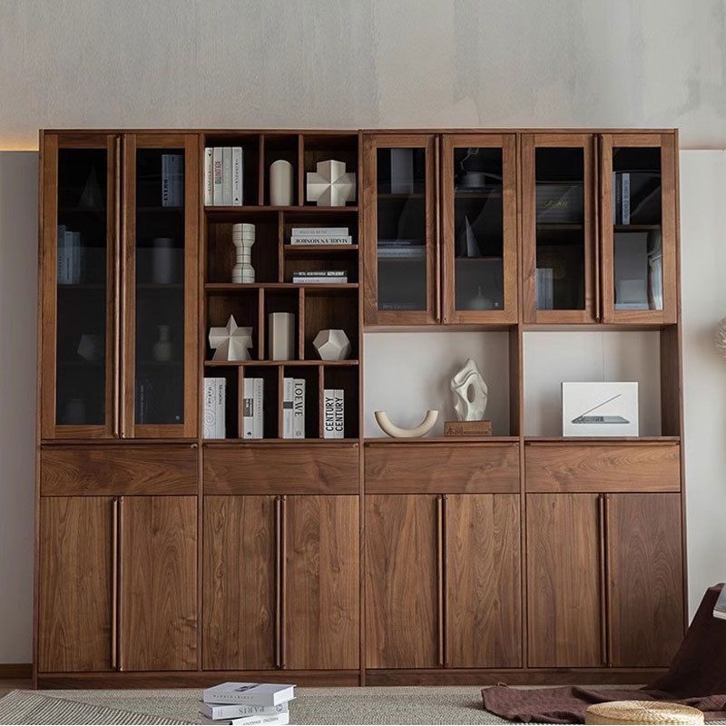 北欧简约实木黑胡桃木书柜小户型满墙定制樱桃木落地多功能储物柜