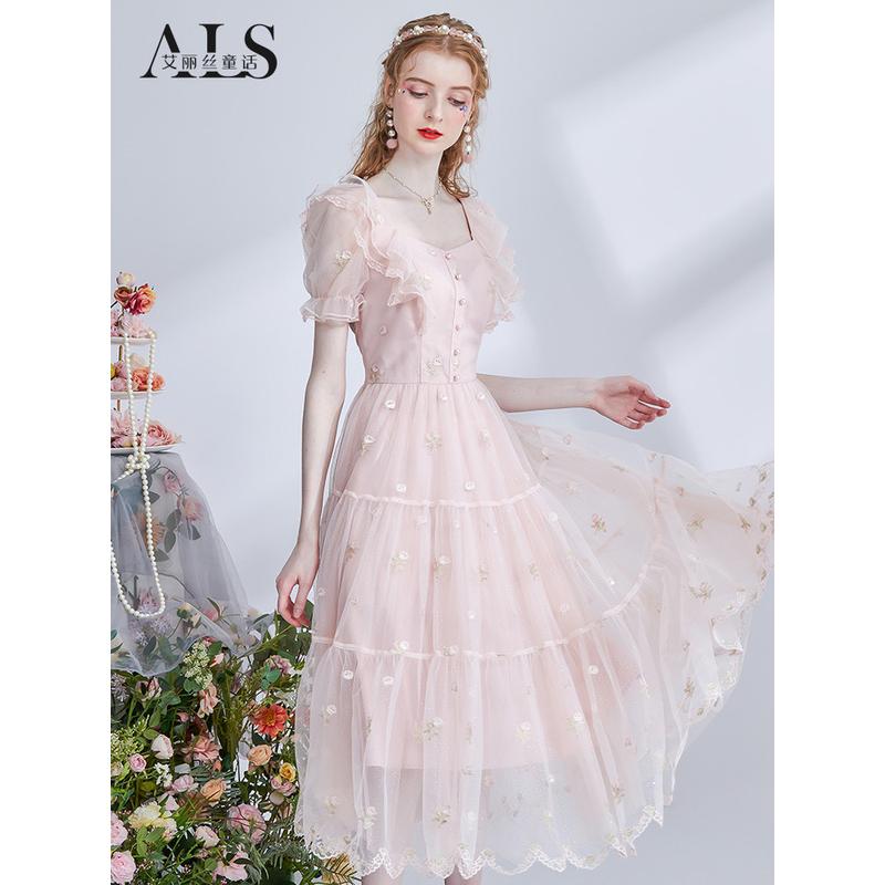 艾丽丝2024夏季新款粉色甜美温柔公主裙花边网纱拼接中长款连