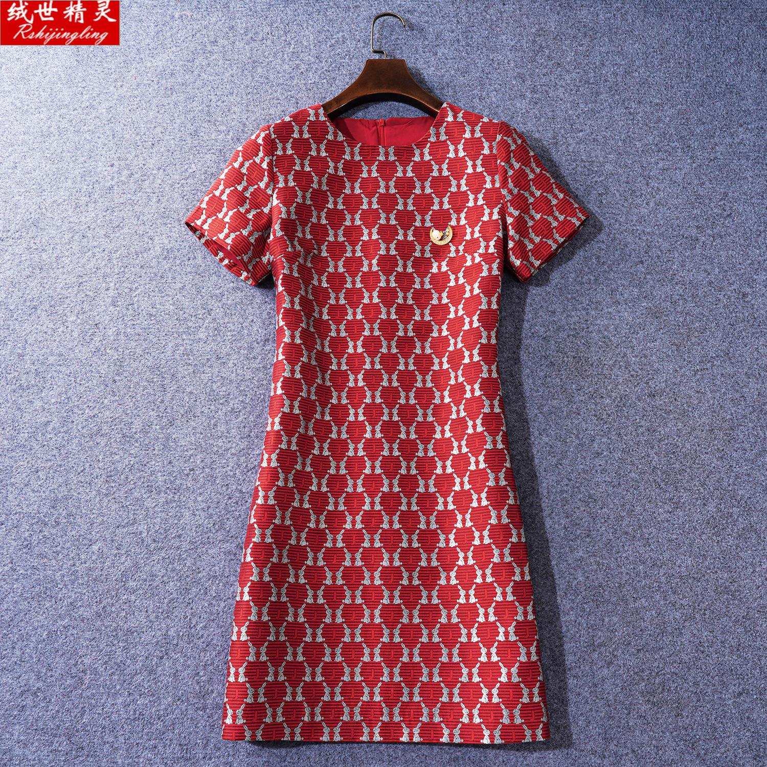 欧洲站女装轻奢高级感喜庆红色妈妈礼服微胖显瘦短袖小香风连衣裙