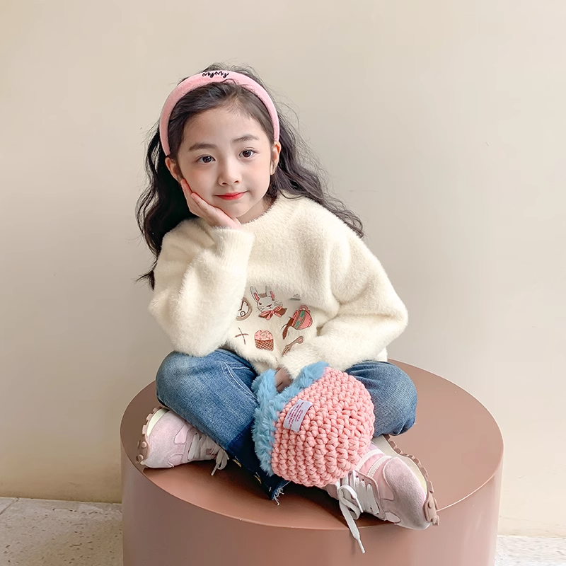 女童套头毛衣秋冬装2023新款儿童洋气加厚女孩时髦水貂绒针织衫潮