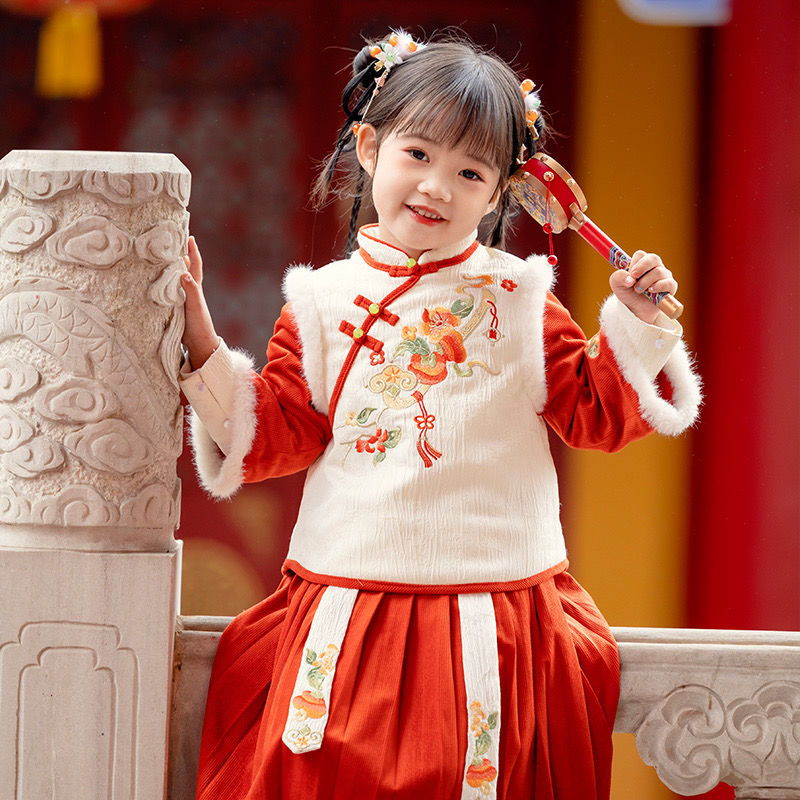 汉服女童冬装宝宝中国风刺绣套装女孩中式古装儿童过年唐装拜年服