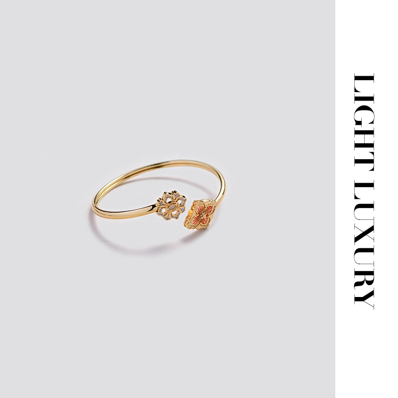 铜合金合成锆石手镯 254 布双生四叶花 开口 手镯 女 设计感