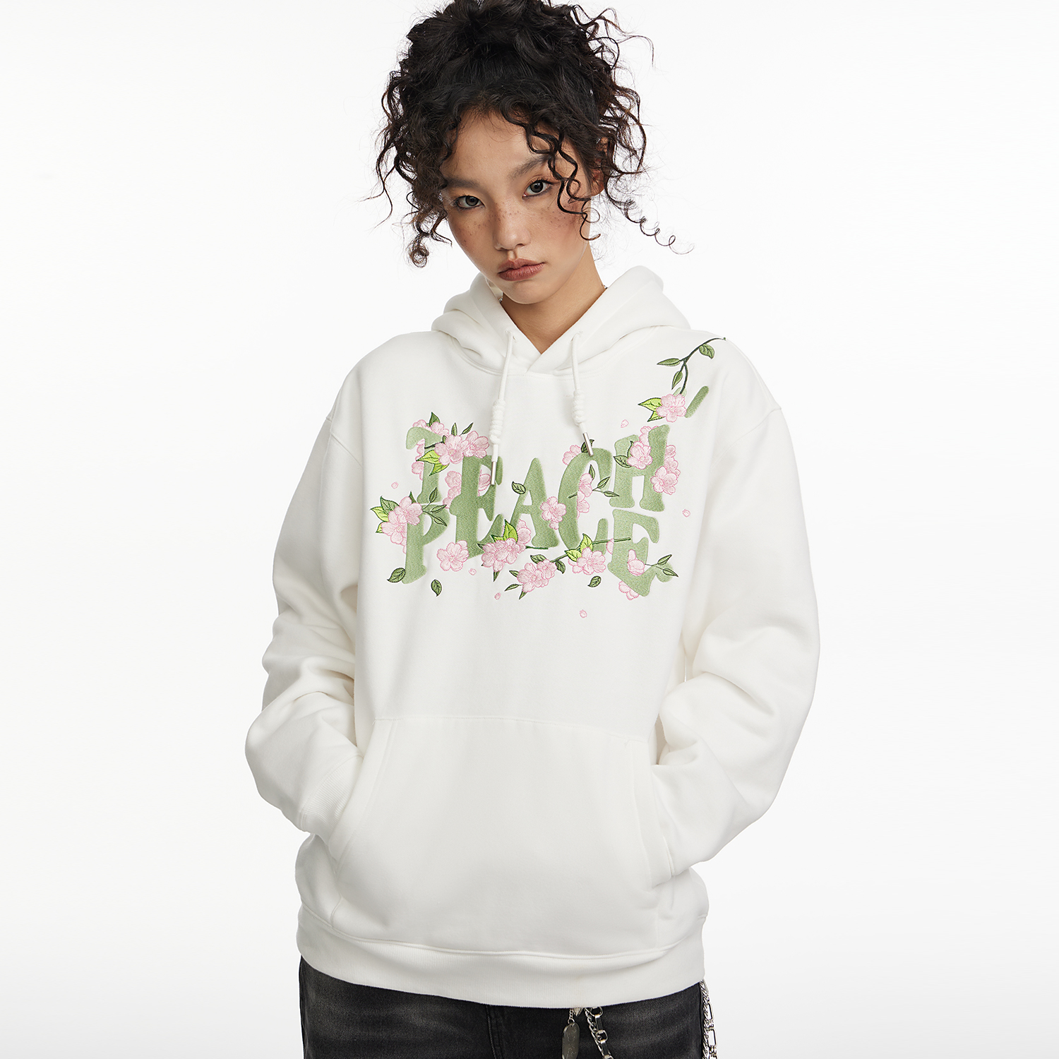 Teach Peace潮牌重磅花卉连帽卫衣女宽松情侣重工刺绣帽衫男秋季